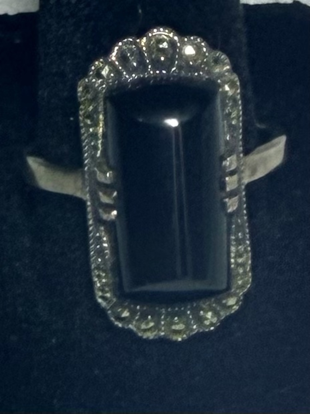 Black Onyx Art Deco 1” Sterling Silver Cocktail Ring with Marcasites - Size 8